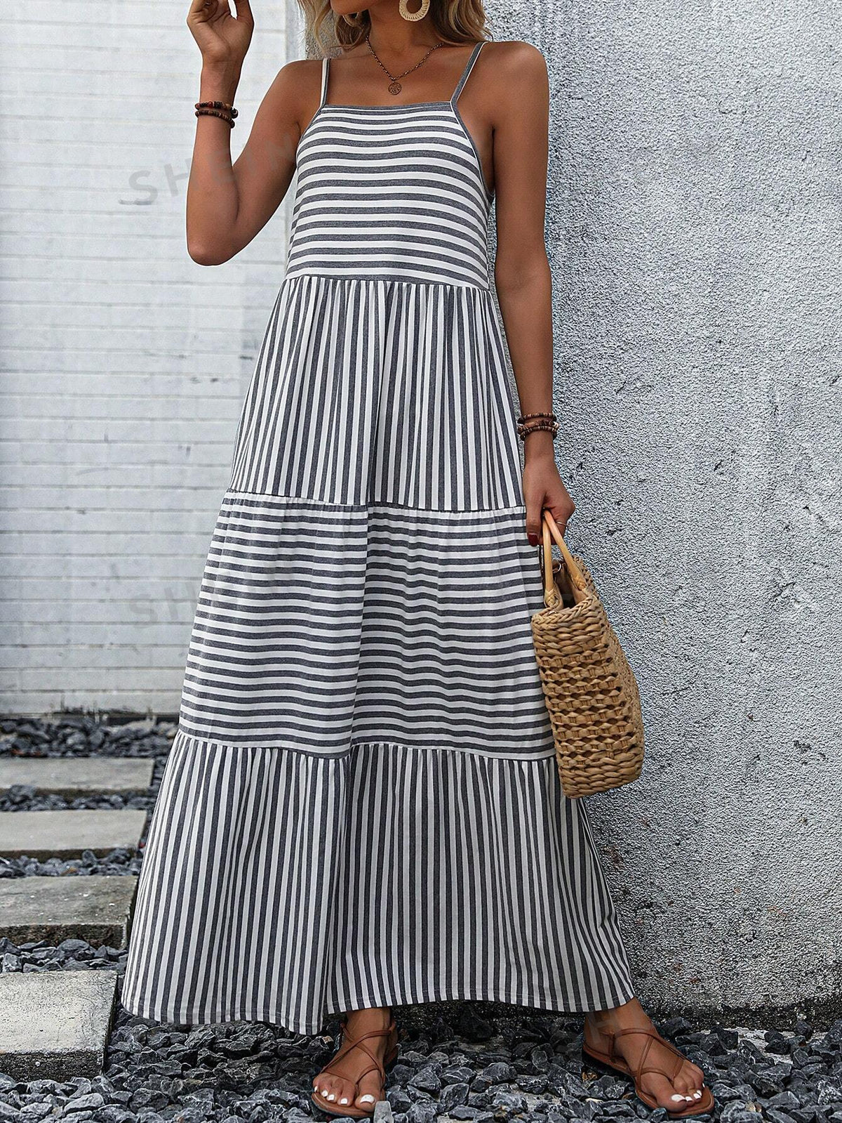 SHEIN LUNE Striped Print Ruffle Hem Cami Dress