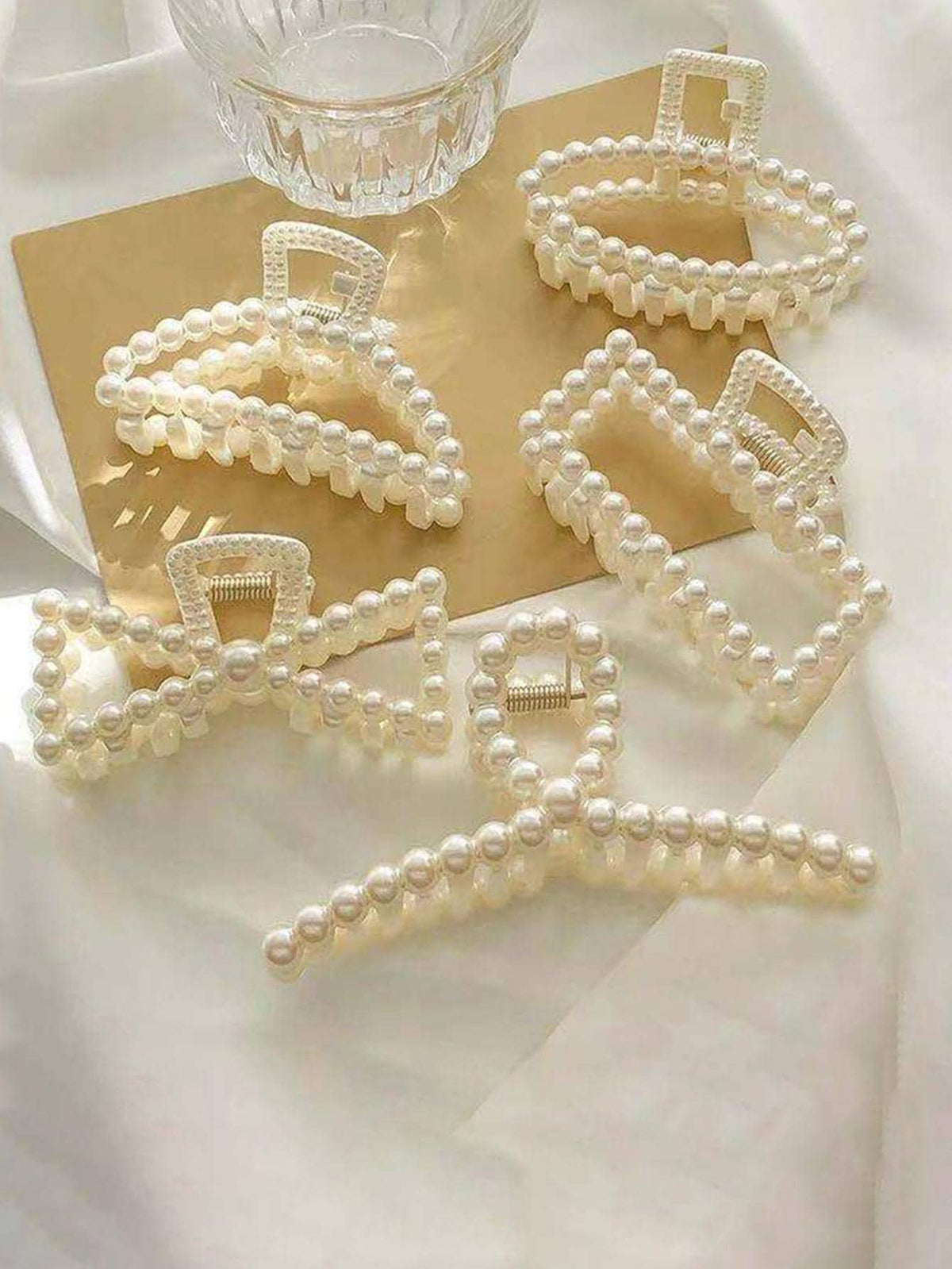 5pcs Women Faux Pearl Decor Bow & Rectangle Design Elegant Hair Claw, For Daily Decoration