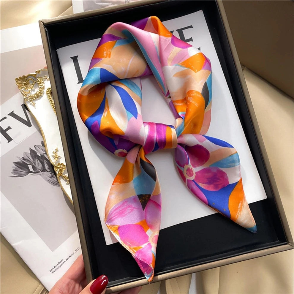 1pc Spring Summer Silk Scarf, Satin Silk Floral, Graffiti & Tree Leaf Print For Women