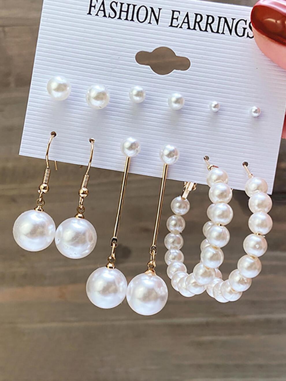 6pairs/Set Elegant Zinc Alloy Faux Pearl Decor Earrings For Women For Daily Life