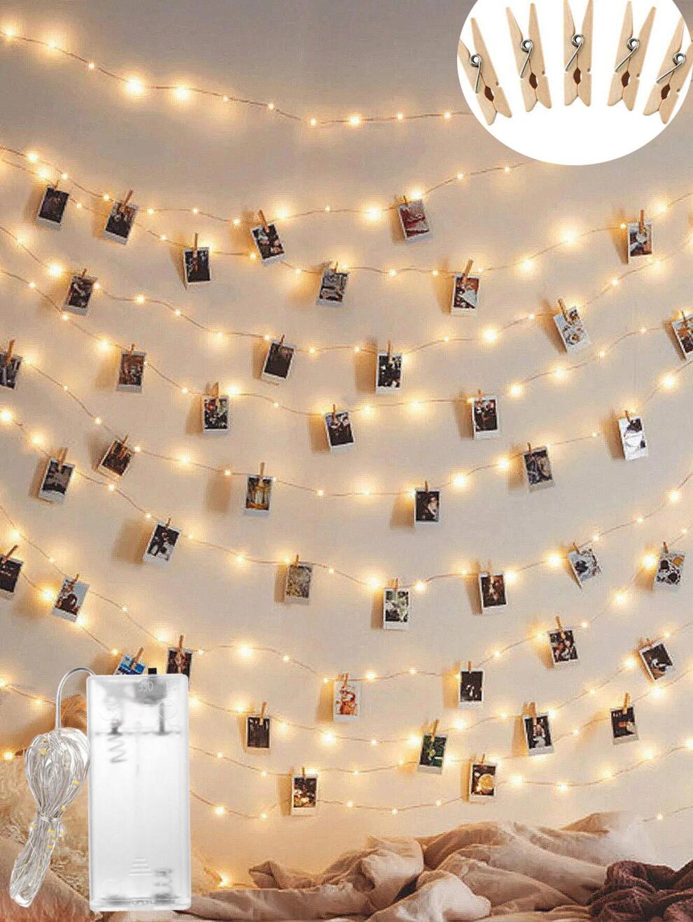 1pc 1/2/3/4/5/10M LED Copper Wire Light With Wooden Clip Decoration Light String, Photo And Card Wooden Clip Decoration Light Atmosphere Light, Photo Wall Decoration Prop Light, Birthday Party And Ann