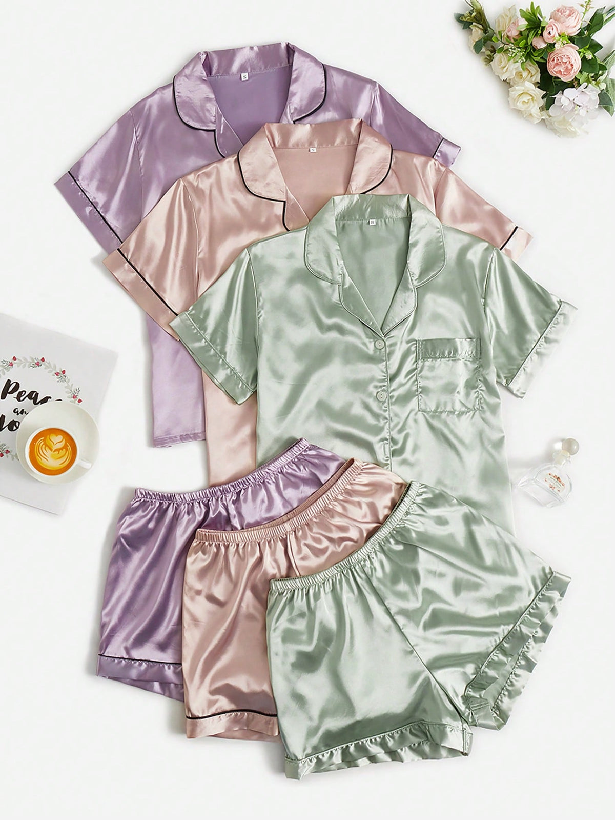 3pcs Satin Lapel Collar Ruched Front PJ Set / Pajama Set