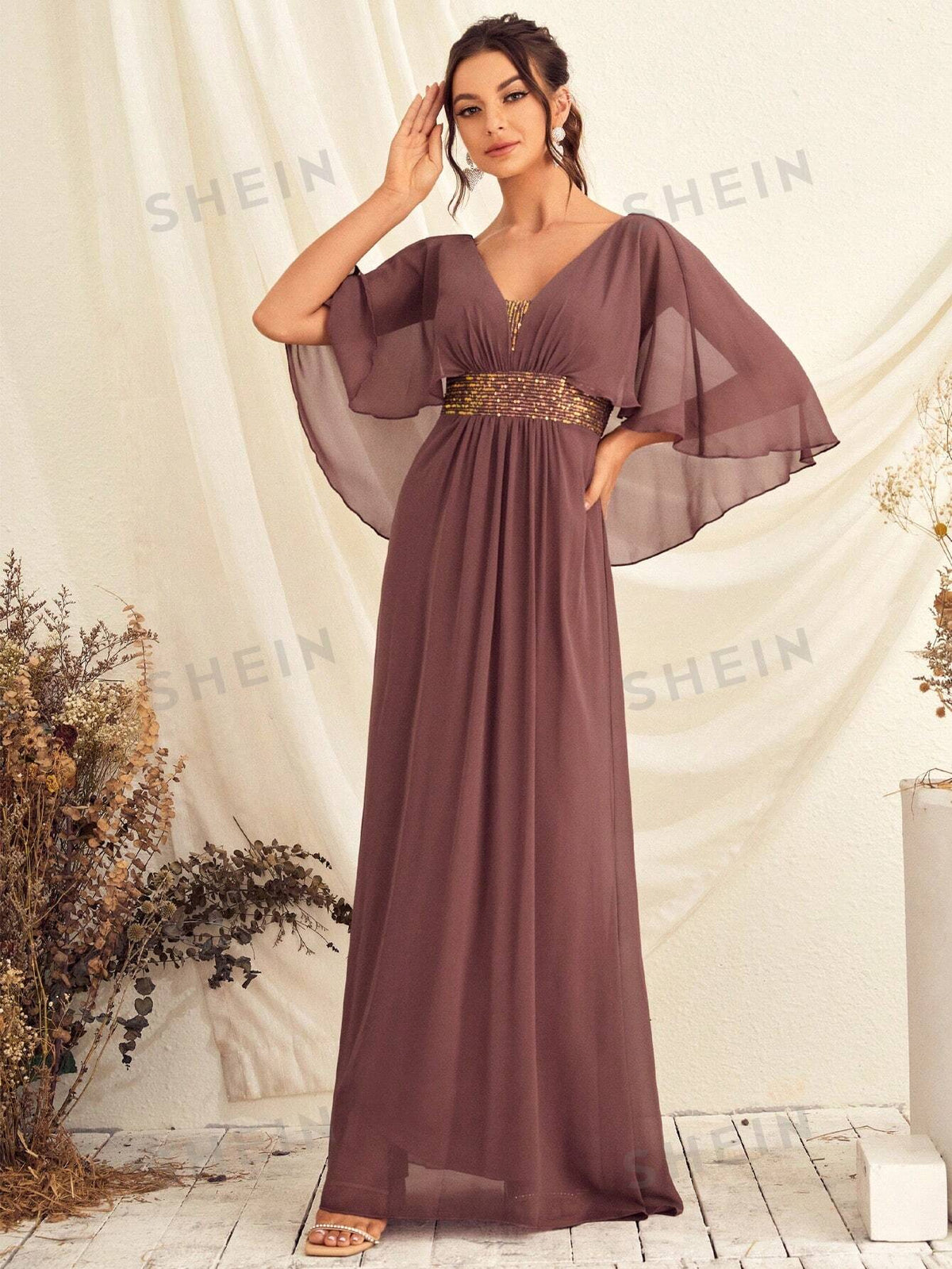 Contrast Sequin Butterfly Sleeve Chiffon Bridesmaid Dress