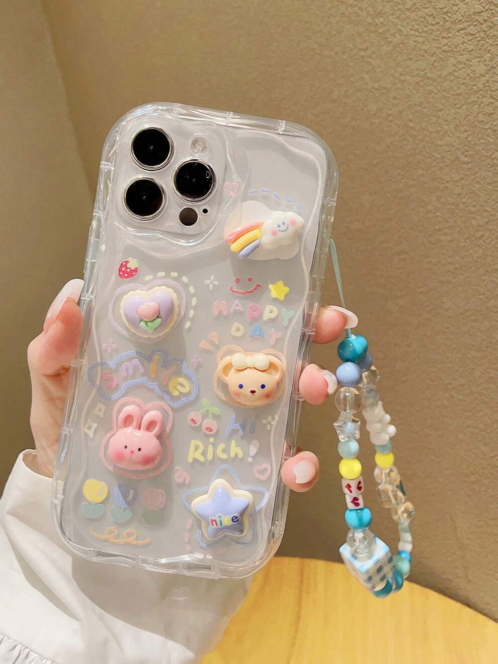 Cartoon Rabbit Decor Clear Phone Case With Lanyard Kawaii