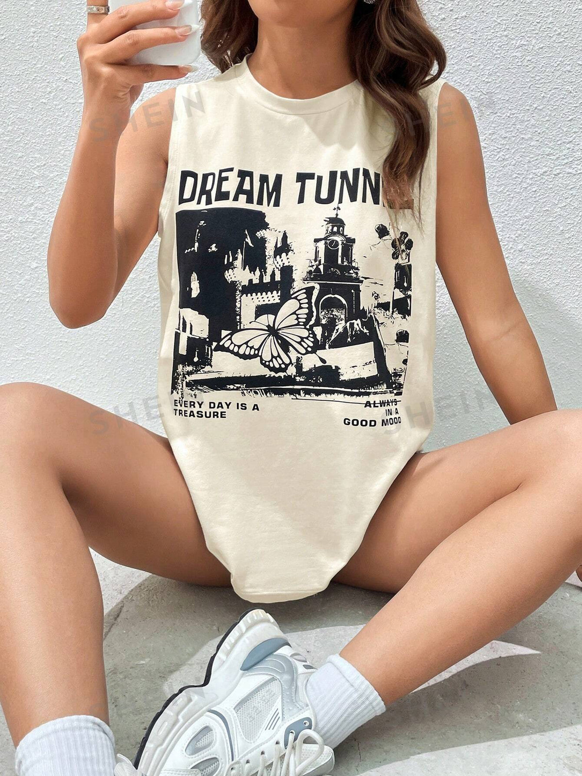 SHEIN EZwear Building & Slogan Graphic Tank Top DREAM TUNNEL EVERY DAY IS A TREASURE ALWAYS IN A GOOD MOOD