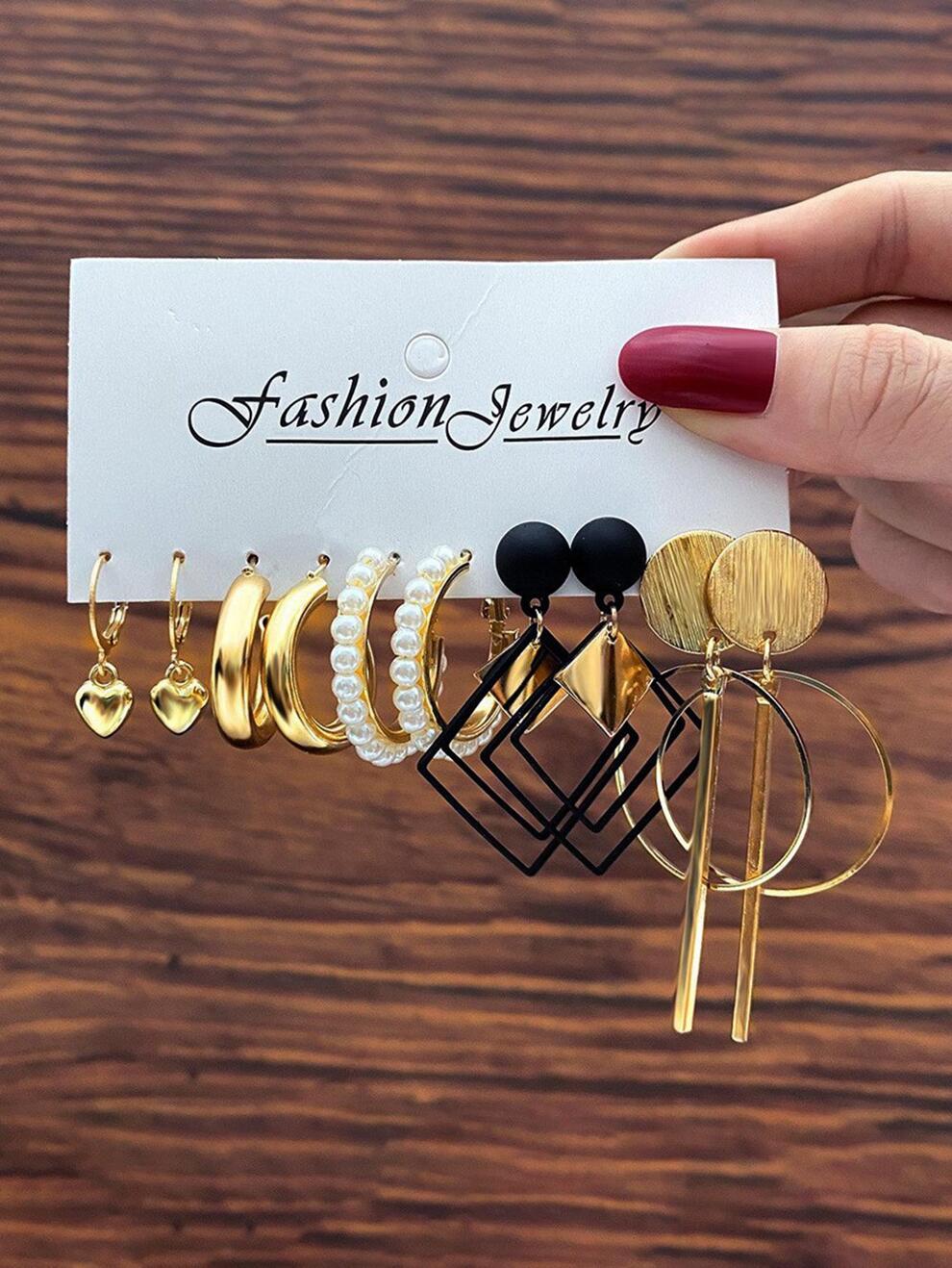 5pairs/Set Random Heart & Faux Pearl Decor Earrings