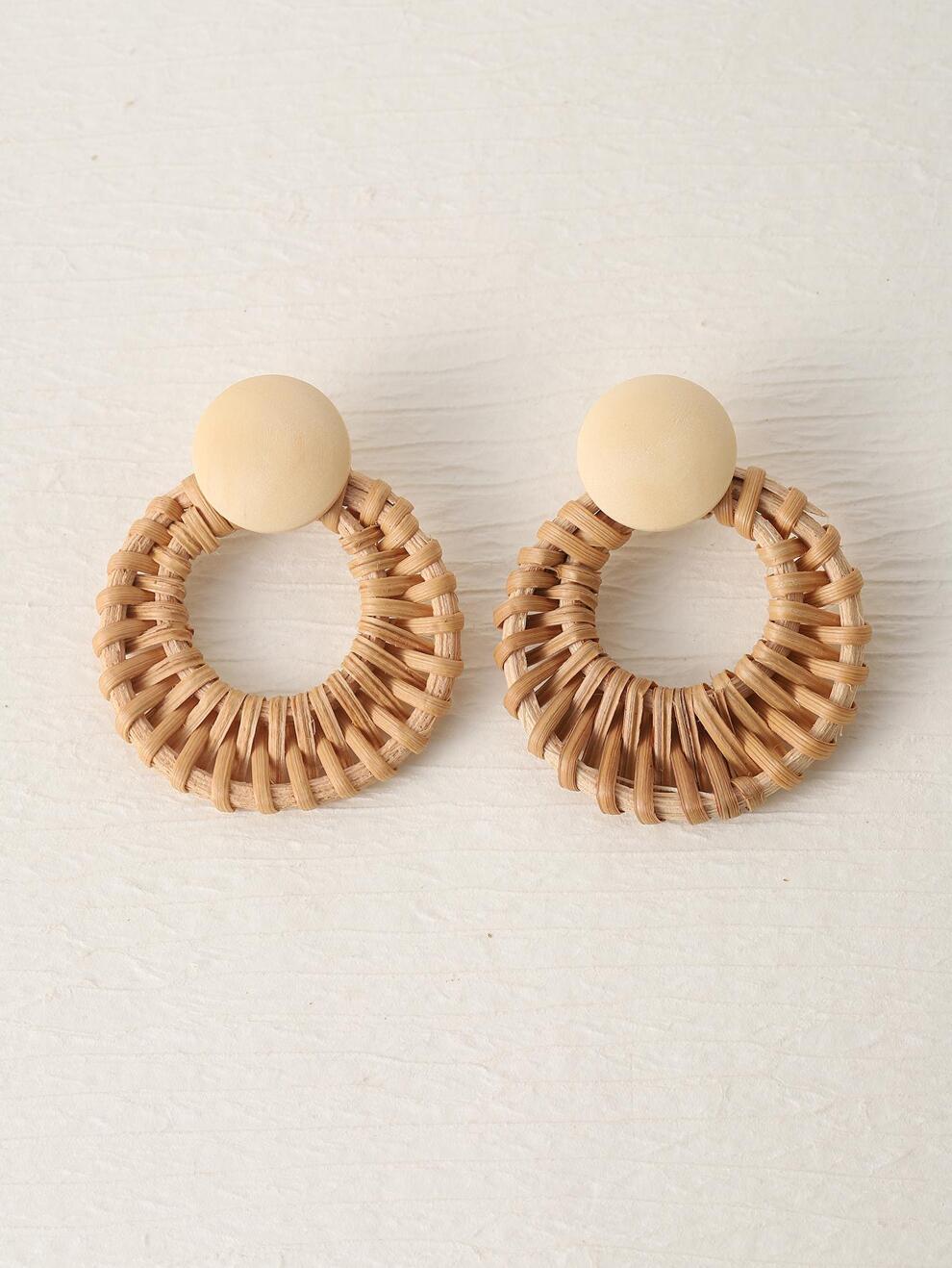 1pair Boho Rattan Round Stud Earrings For Women For Daily Decoration