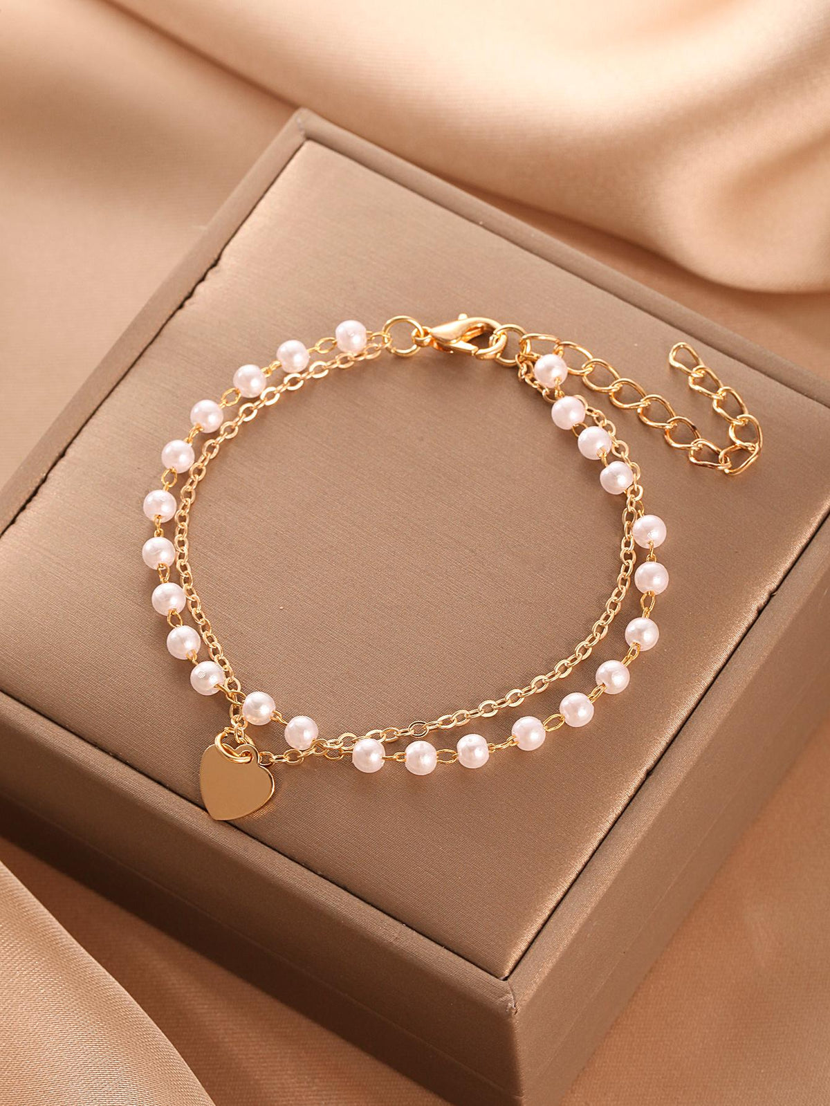 1pc Elegant Versatile Faux Pearl Double Chain Pendant Bracelet For Women, Daily/Casual Wear