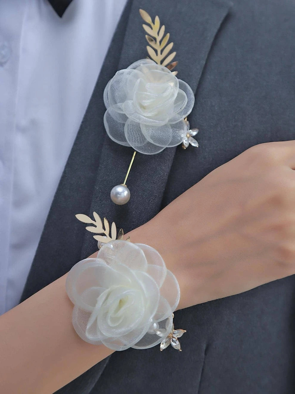 Faux Pearl & Flower Decor Boutonniere & Wrist Corsage For Wedding