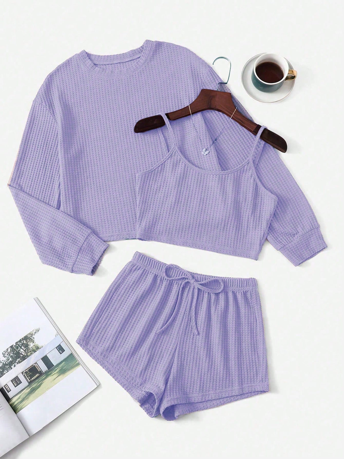 Drop Shoulder Waffle Knit Lounge Set With Tee