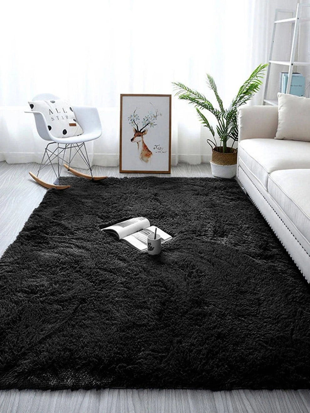 1pc Black Plush Living Room Bedroom Carpet Rug, Foldable And Resilient After Unpacking