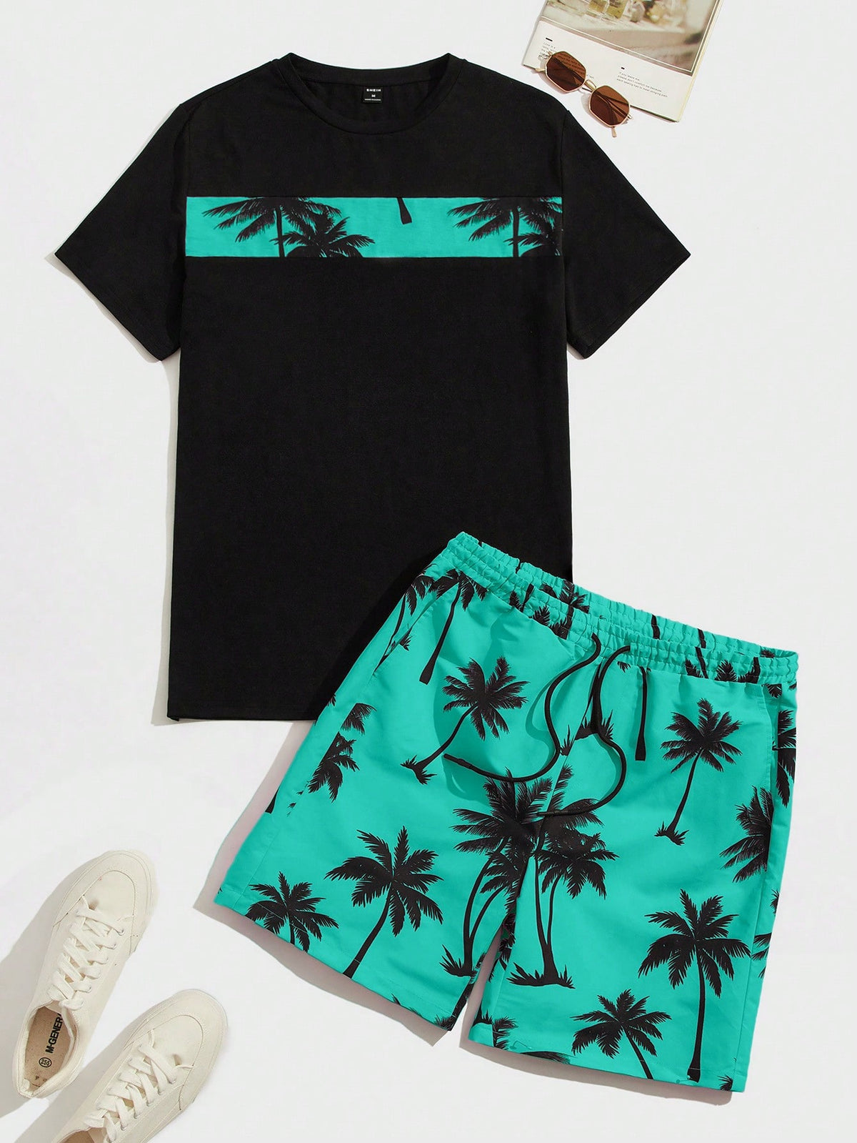 Manfinity Chillmode Men's Tropical Floral Print Knit T-Shirt And Woven Shorts Set