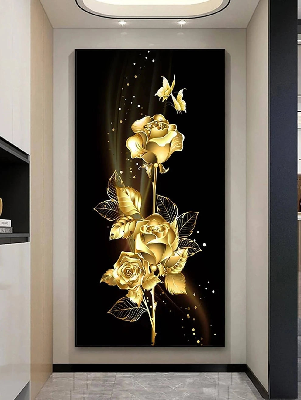 1pc Golden Flower Unframed Canvas Print, Home Decor Painting With Golden Foil Plants Artwork For Living Room, Entryway, No Frame Wall Art Poster