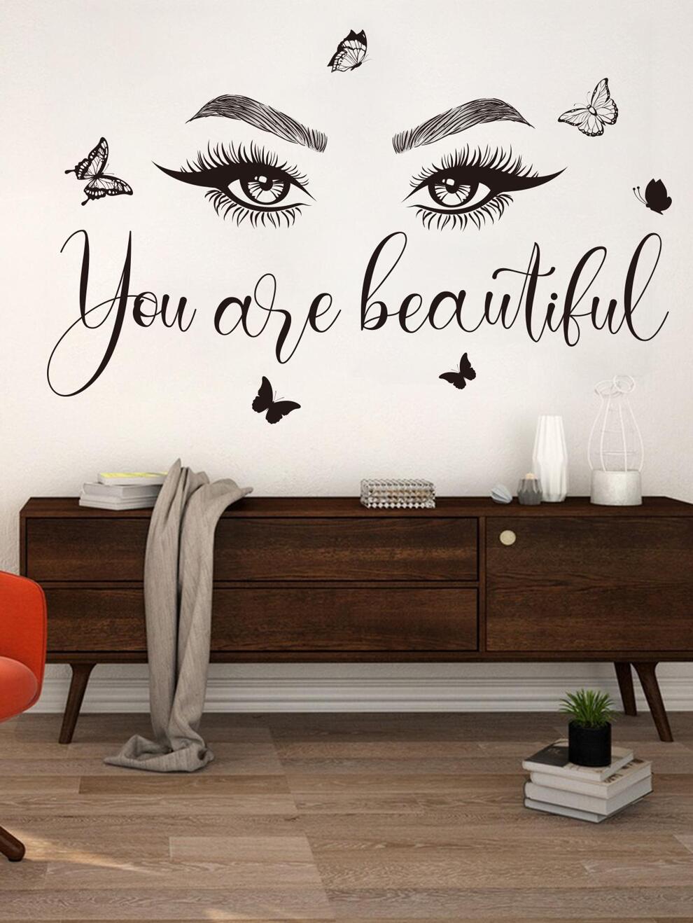 1pc Eye & Butterfly Pattern Wall Sticker, Black PVC Waterproof Self-adhesive Wall Decorative Decal For Home Decor