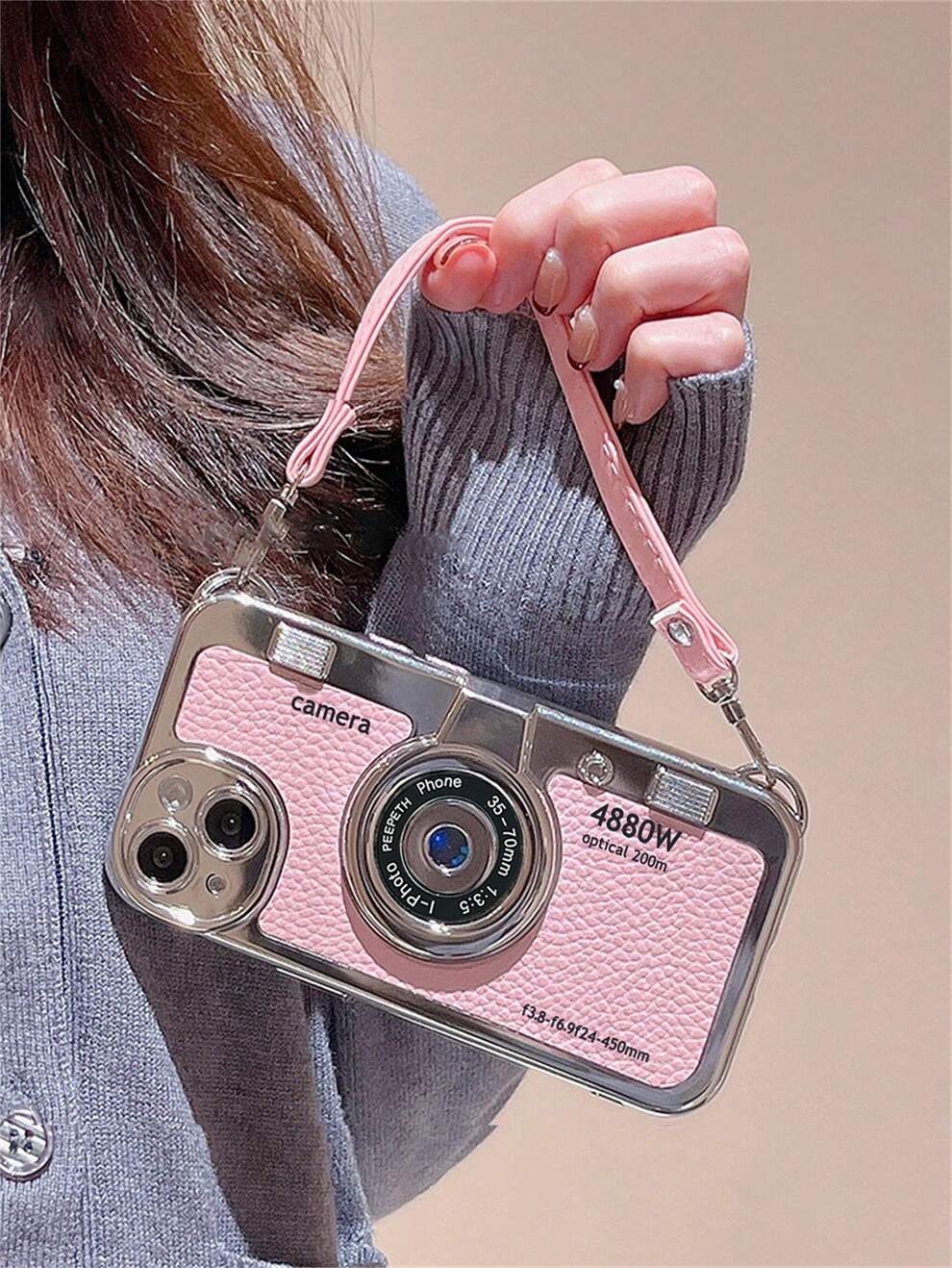 Pink Camera Pattern Phone Case With Lanyard Kawaii