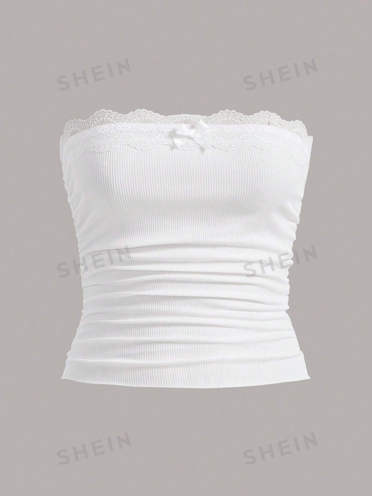 SHEIN EZwear Contrast Lace Ruched Bow Front Tube Top