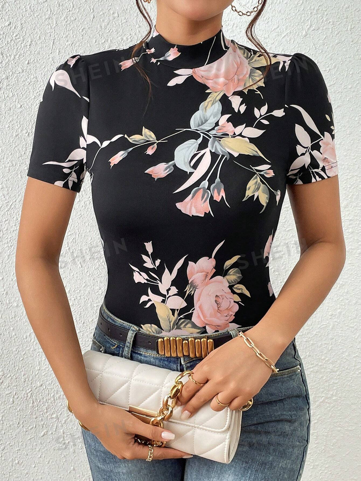 SHEIN Privé Floral Print Mock Neck Tee