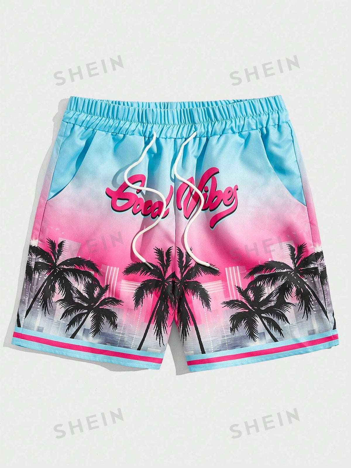 ROMWE Street Life Men's Casual Vacation Palm Tree & Letter Printed Drawstring Waist Shorts With Pockets