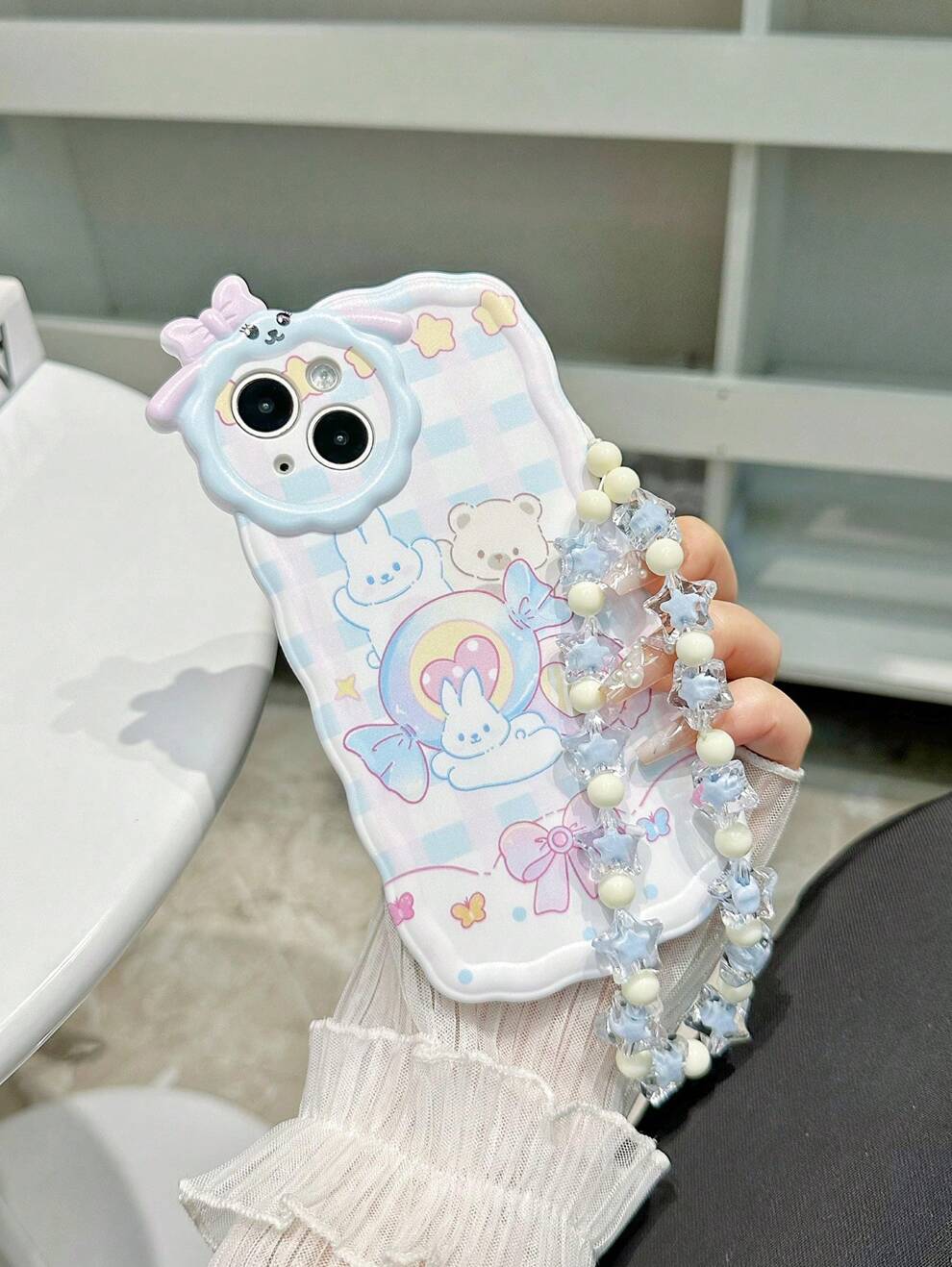 Cartoon Rabbit & Bear Print Phone Case With Lanyard