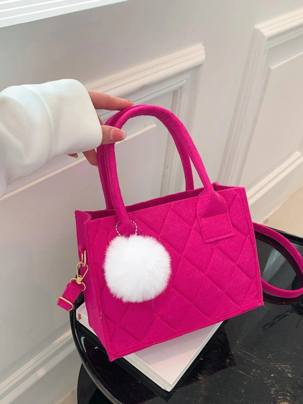 Mini Neon Pink Quilted Square Bag With Bag Charm