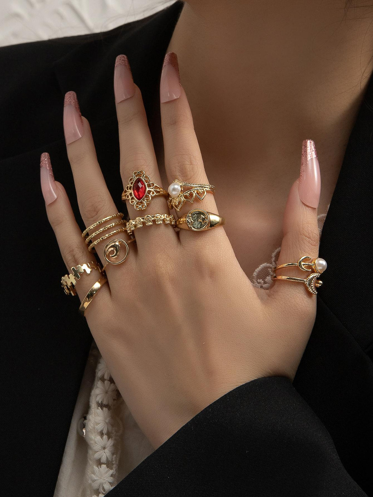 10pcs/Set Women's Alloy Moon, Skull Head, Faux Pearl, Ruby, Gold, Yellow Date Ring