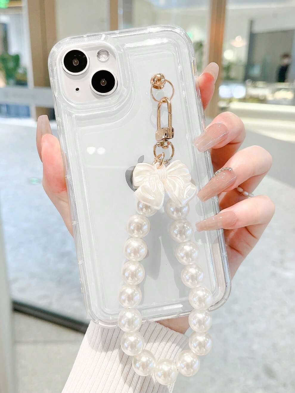 Cell Phone Lanyards Transparent Tpu Airbag Phone Case With Pearl & Bowknot Wristlet Chain For Women's Iphone