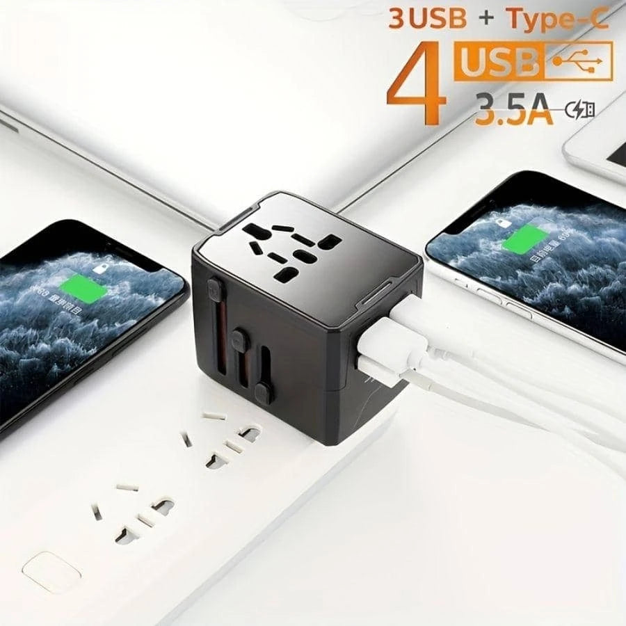 Universal Travel Power Adapter With Multiple Plug Types, 3 Usb Ports And Type-C Charging For Smart Devices