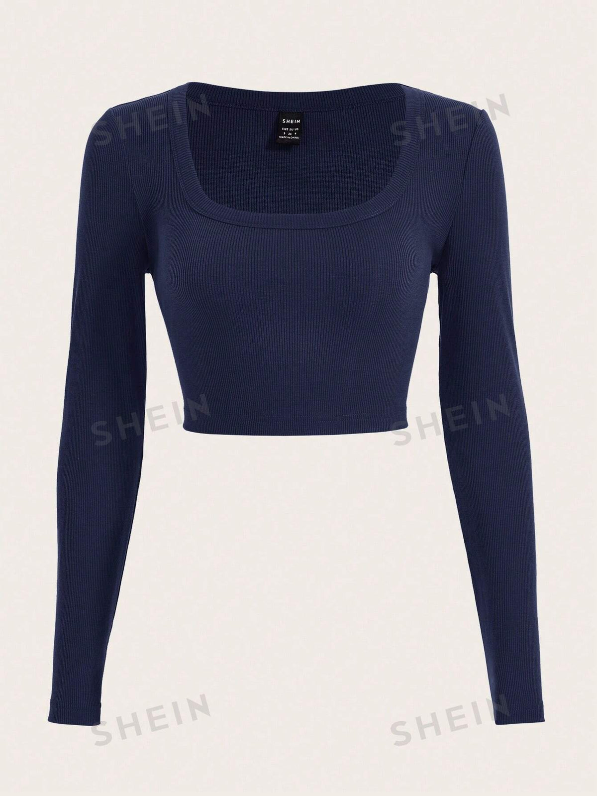 SHEIN EZwear Spring Solid Navy Blue Rib Knit Square Neck Long Sleeves Slim Fit Tee