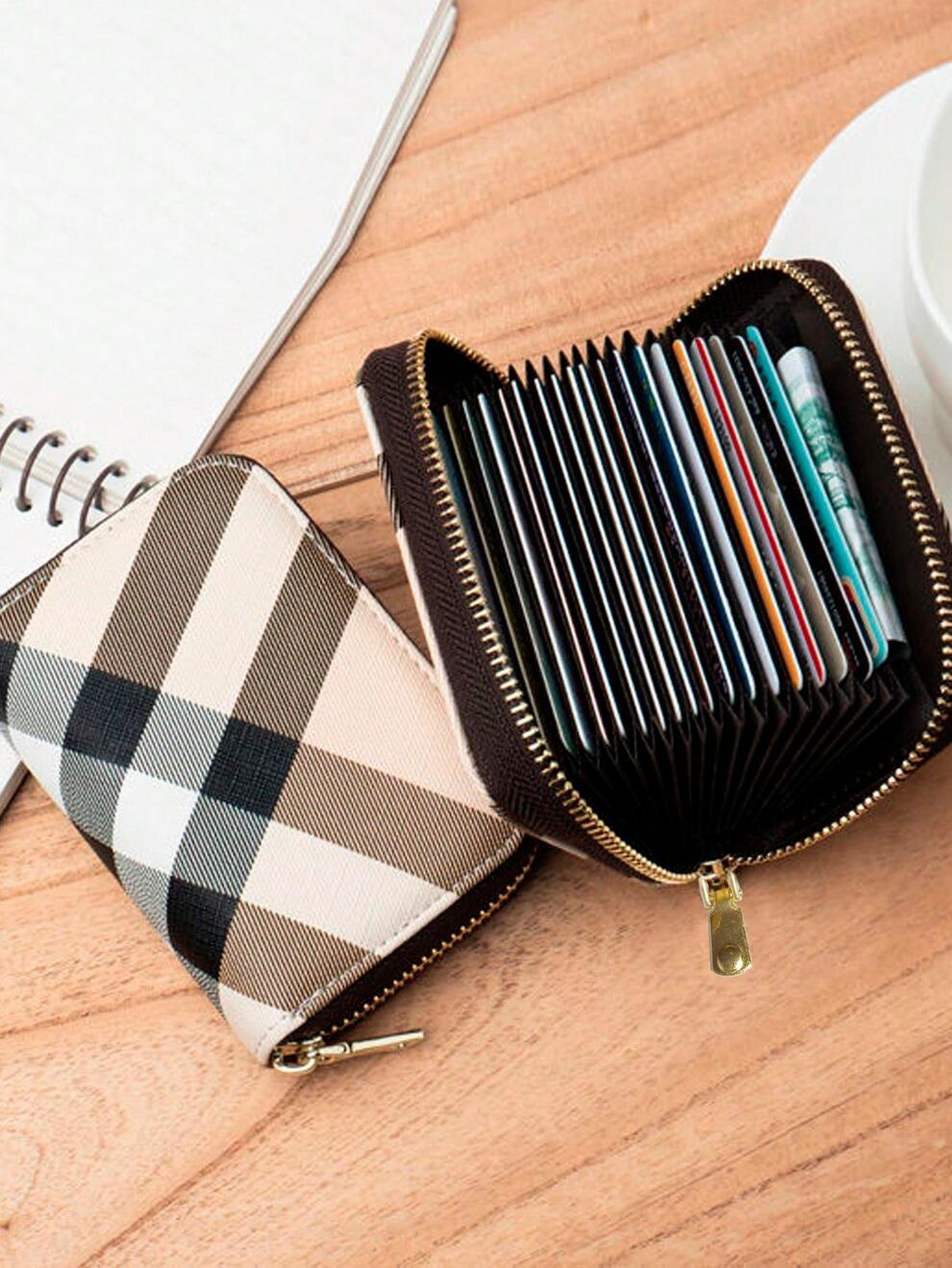 Plaid Pattern Card Holder, Mini Zipper Around Coin Purse, Faux Leather Short Wallet (4.5*3*0.8) Inch School Supplies Teacher Gifts Back To School