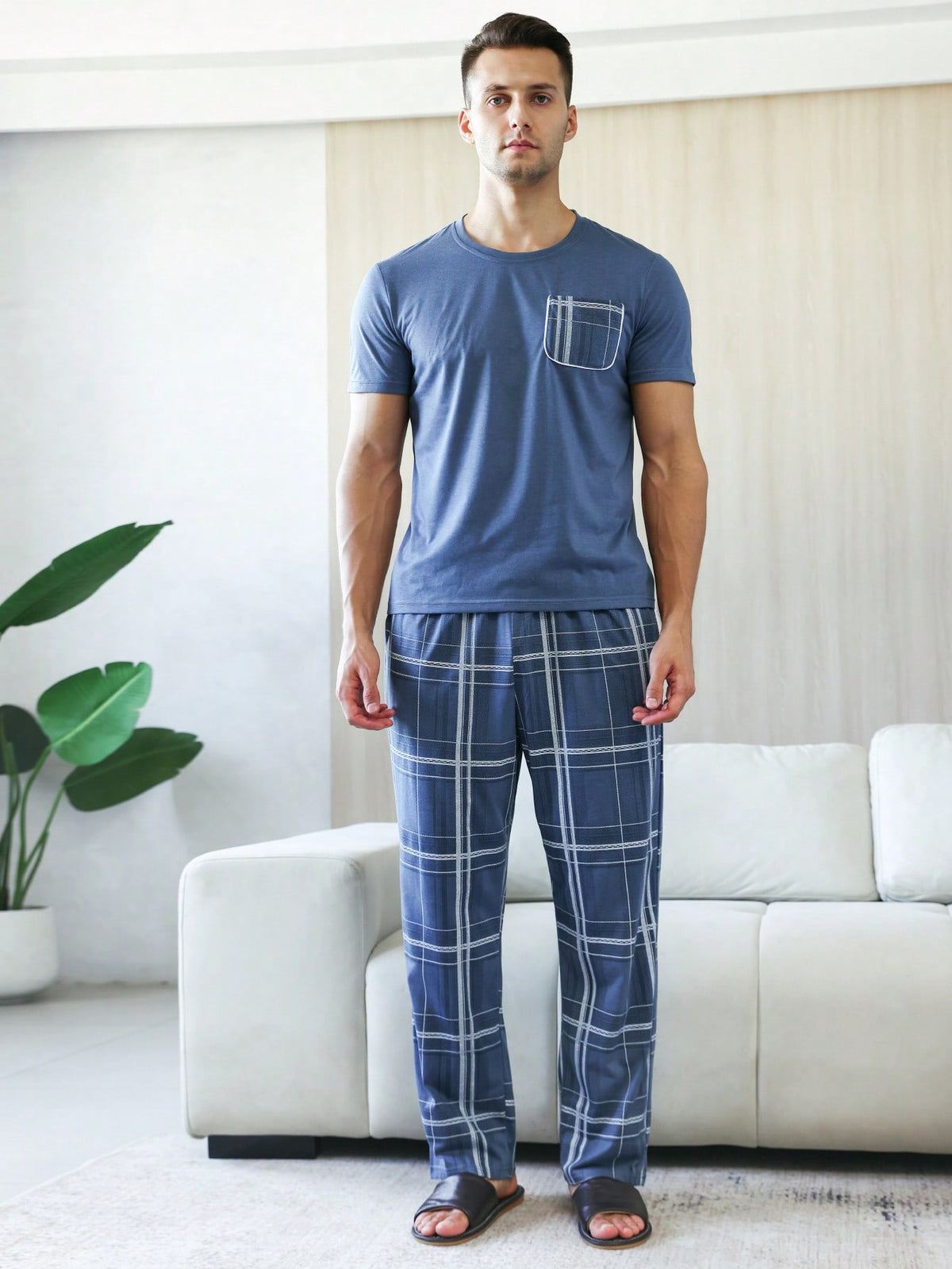 Men Plaid Print PJ Set / Pajama Set