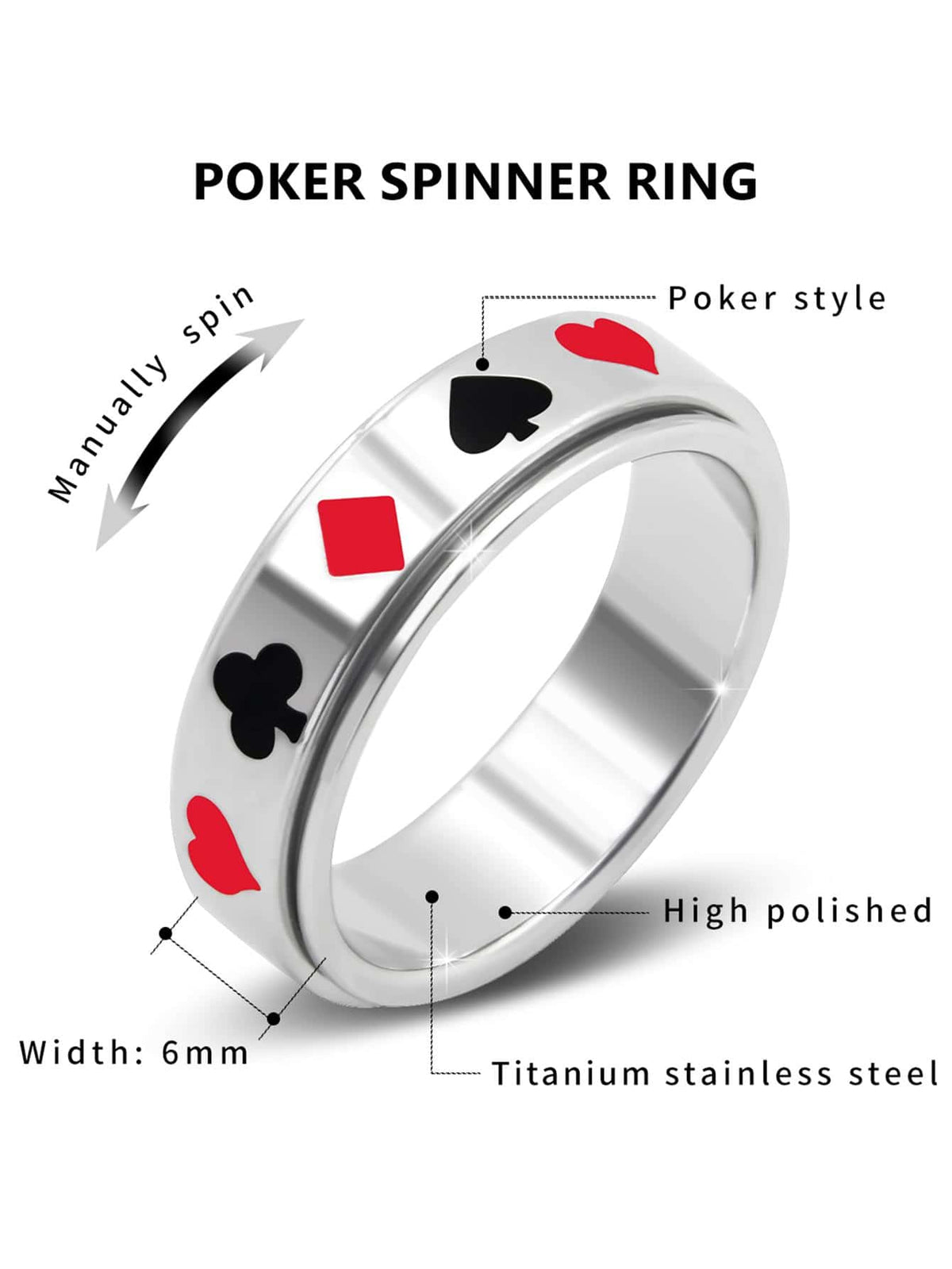 1pc Stress Relief Playing Card & Eye Design, Cross Shaped High Polish Stainless Steel Rotatable Ring, Great For Women & Men Daily Wear, Valentine's Day Gift