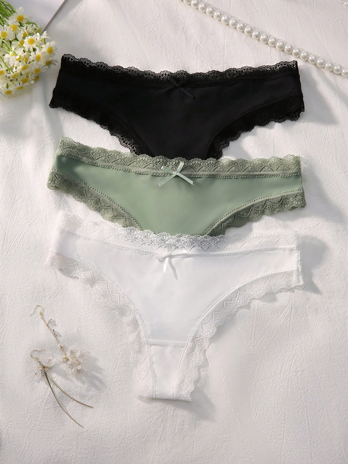 3pack Contrast Lace Bow Front Panty Set