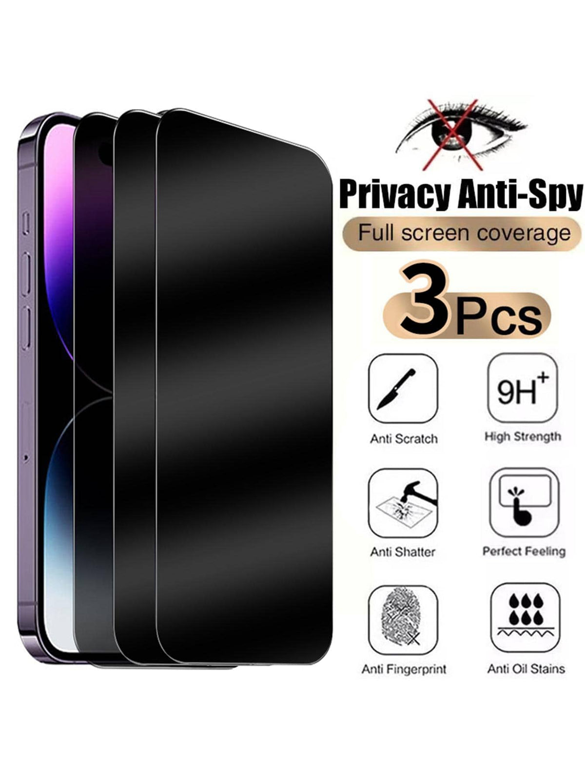 6in1 Privacy Screen Protector Tempered Glass With Phone Back Camera Glass Film Compatible With Apple IPhone 15 14 13 12 11 Pro Max 3PCS Anti Spy Front Glass With 3PCS Camera Lens Glass Compatible Comp