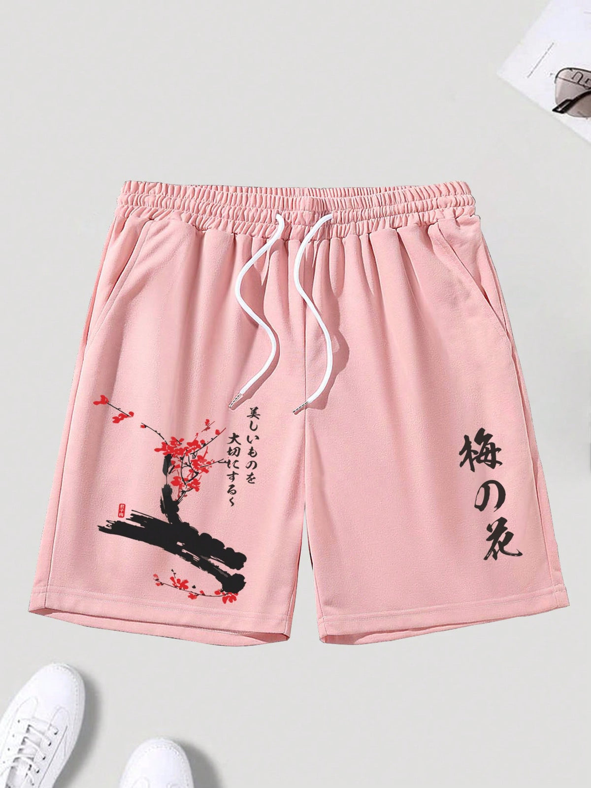 Manfinity Homme Loose Fit Men's Floral & Japanese Letter Printed Shorts With Drawstring Waist