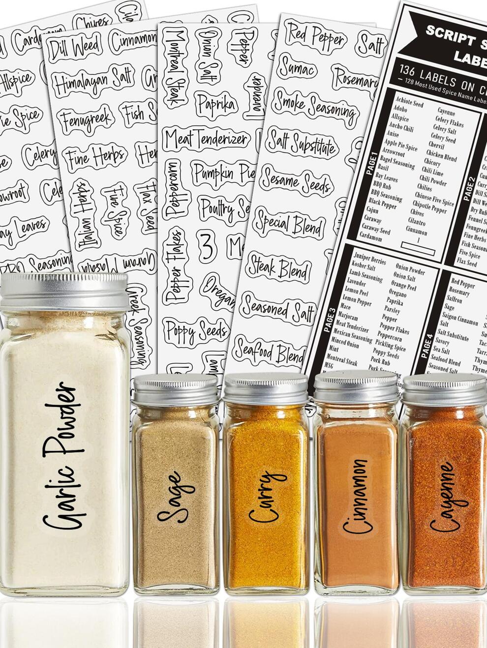 136pcs Spice Labels - Clear Spice Jar Labels Preprinted for Seasoning Herbs Kitchen Spice Rack Organization, Water Resistant Stickers, Black and White Script