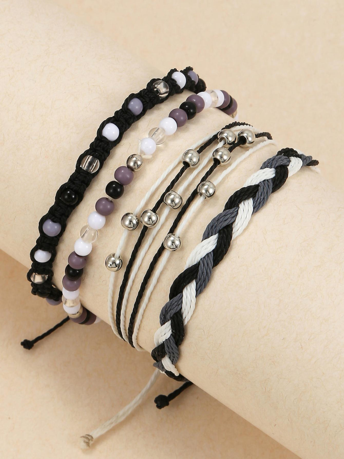 4pcs Acrylic Beaded & Waxed Thread Braided Bracelet Set