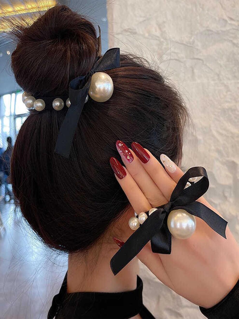 2pcs Pearl Decor Hair Tie Elegant