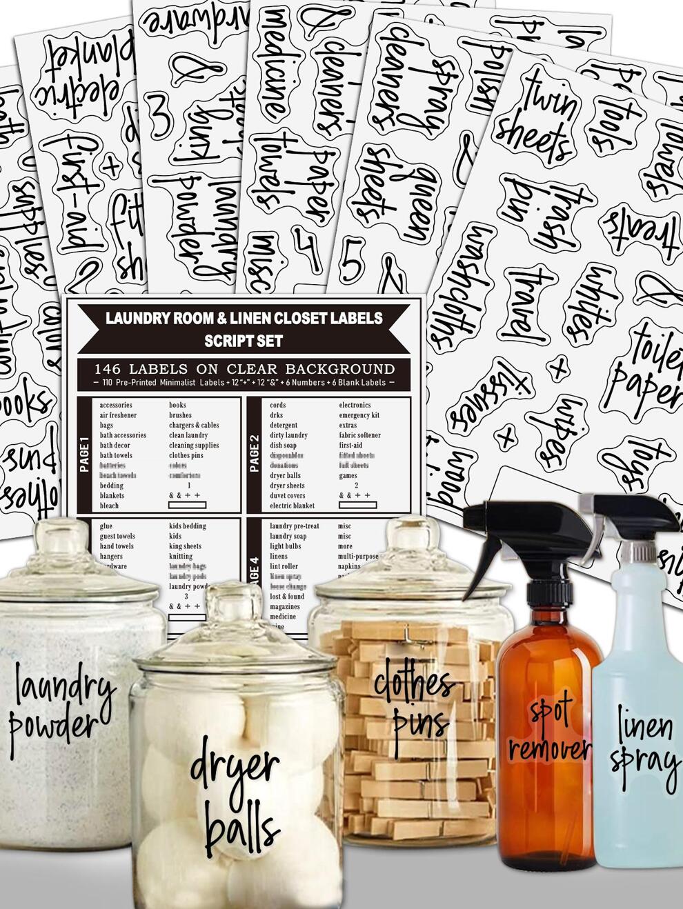 144PCS Laundry Room Labels, Organization Stickers for Glass Jars, Spray Bottles, Containers