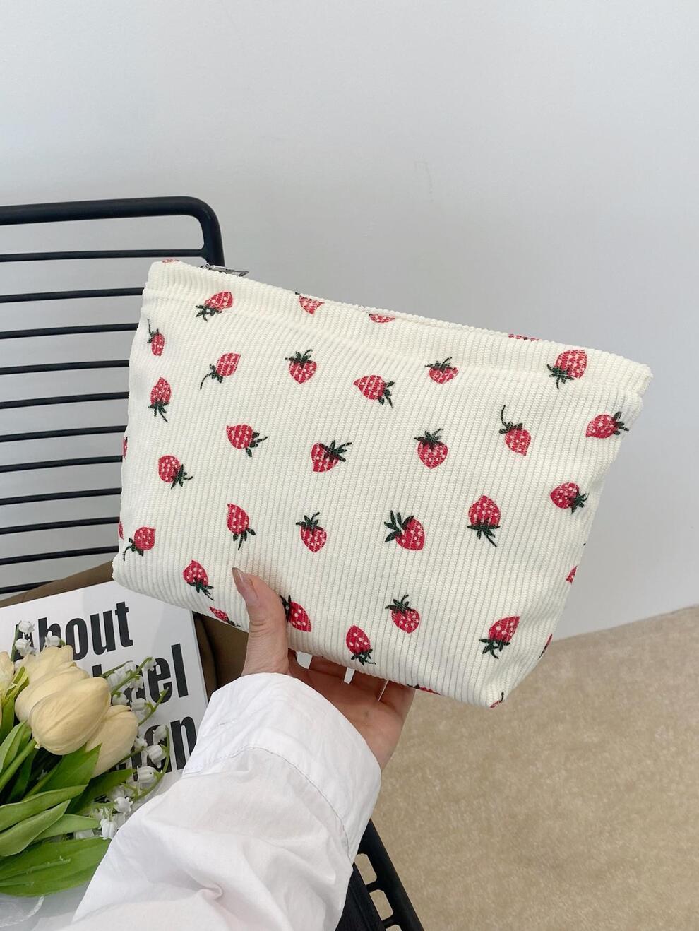 Beige Strawberry Pattern Cosmetic Bags For Women Corduroy Cosmetic Bag Aesthetic Women Handbags Purses Storage Makeup Bag Girls Case Bags Travel Storage Bag Cute Makeup Bag Back To School School Bag T