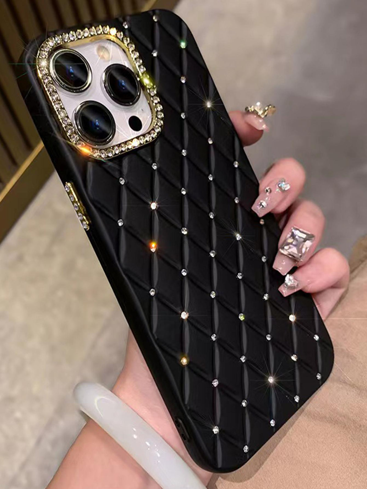 1pc Black/Pink/Purple Plaid Pattern Rhinestone Decorated Soft Phone Case With Detachable Rhinestone Selfie Ring, Creative & Feminine Design, Fit Compatible With IPhone