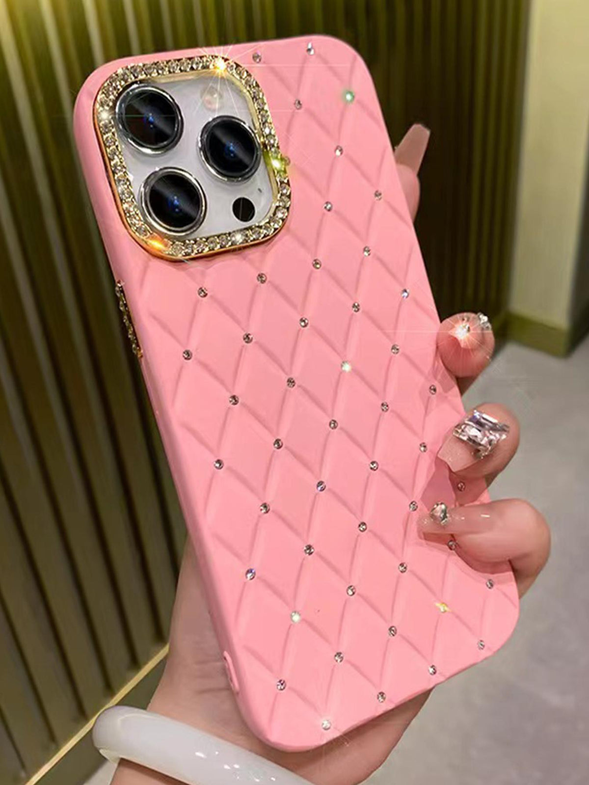 1pc Black/Pink/Purple Plaid Pattern Rhinestone Decorated Soft Phone Case With Detachable Rhinestone Selfie Ring, Creative & Feminine Design, Fit Compatible With IPhone