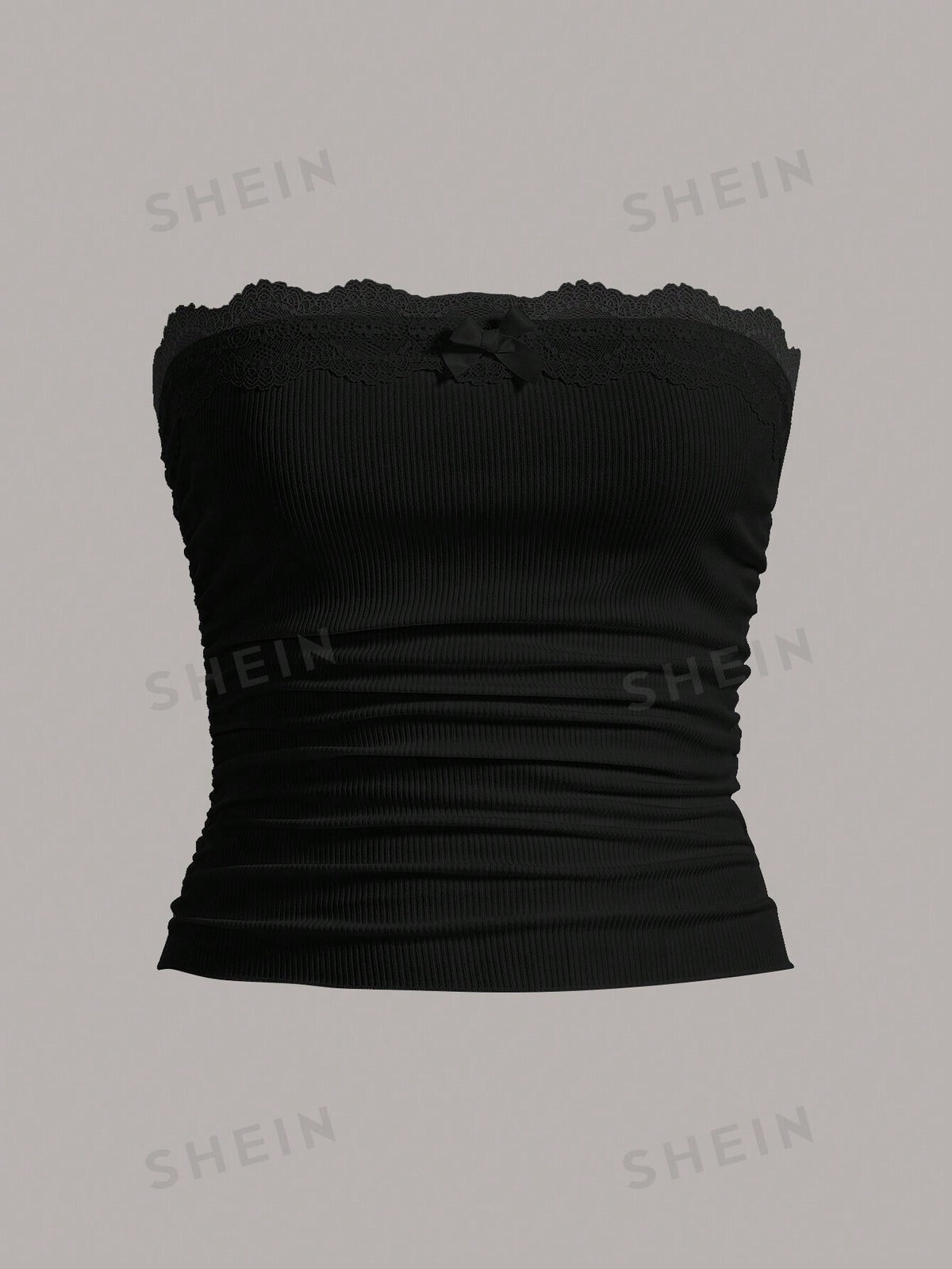 SHEIN EZwear Contrast Lace Ruched Bow Front Tube Top