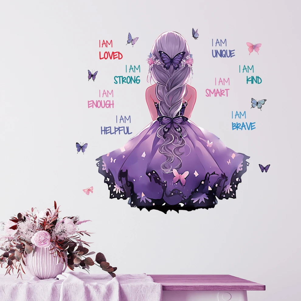 1pc Purple Dress Girl Back View Butterfly Inspiration Wall Sticker