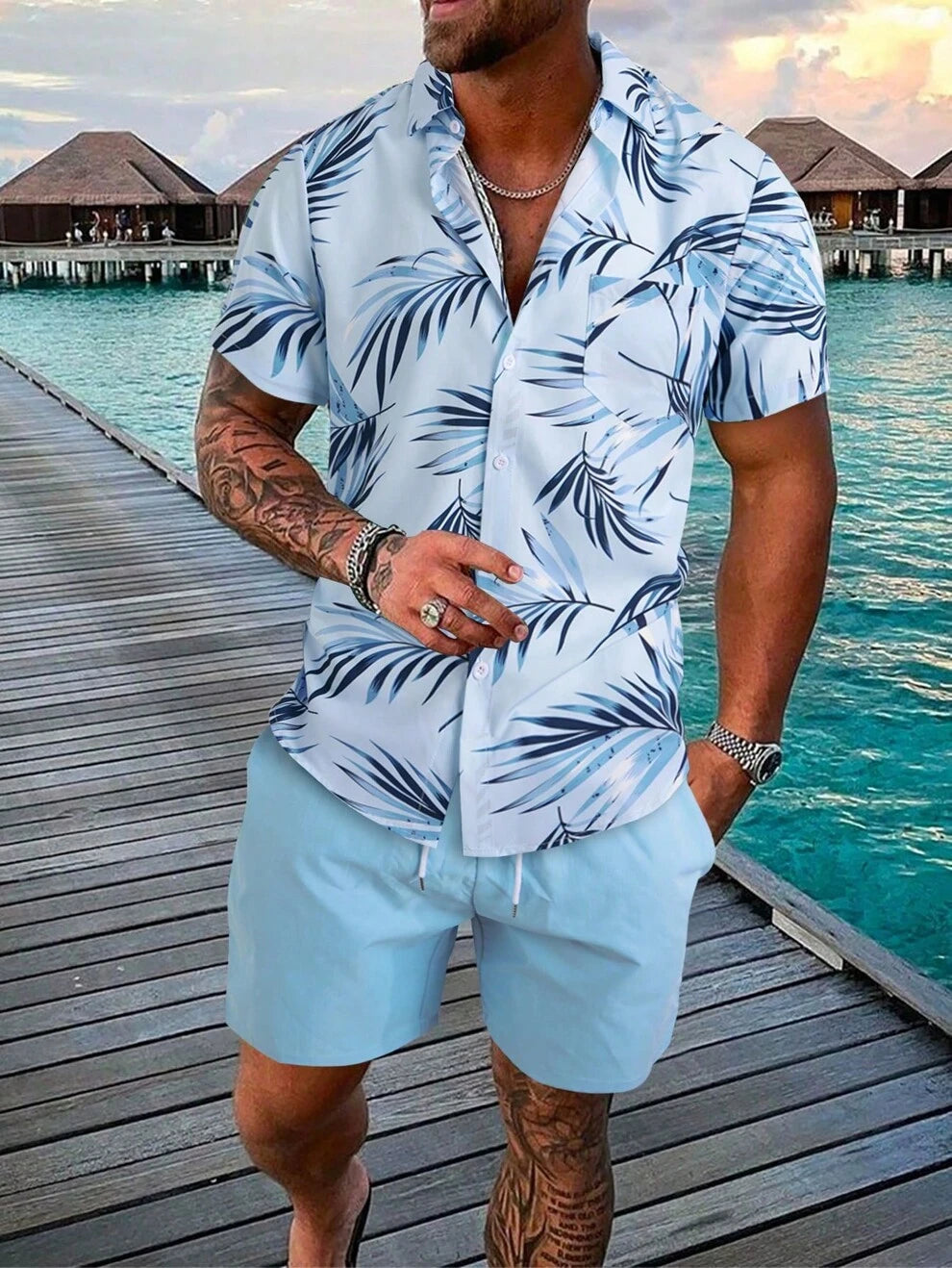 Manfinity RSRT Men Tropical Print Shirt & Drawstring Waist Shorts Without Tee