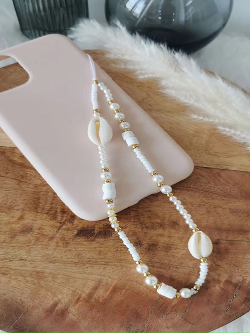 1pc Bohemian Style Faux Pearl & Natural Shell & Ceramic Bead Cell Phone Strap For Women Holiday