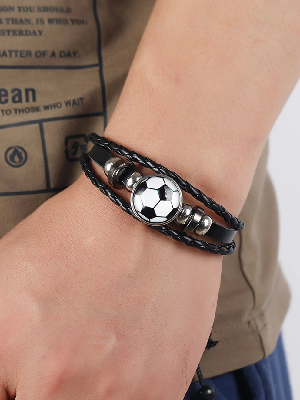 1pc Boys Soccer Decor Braided Detail PU Polyurethane Fashionable Bracelet For Gift