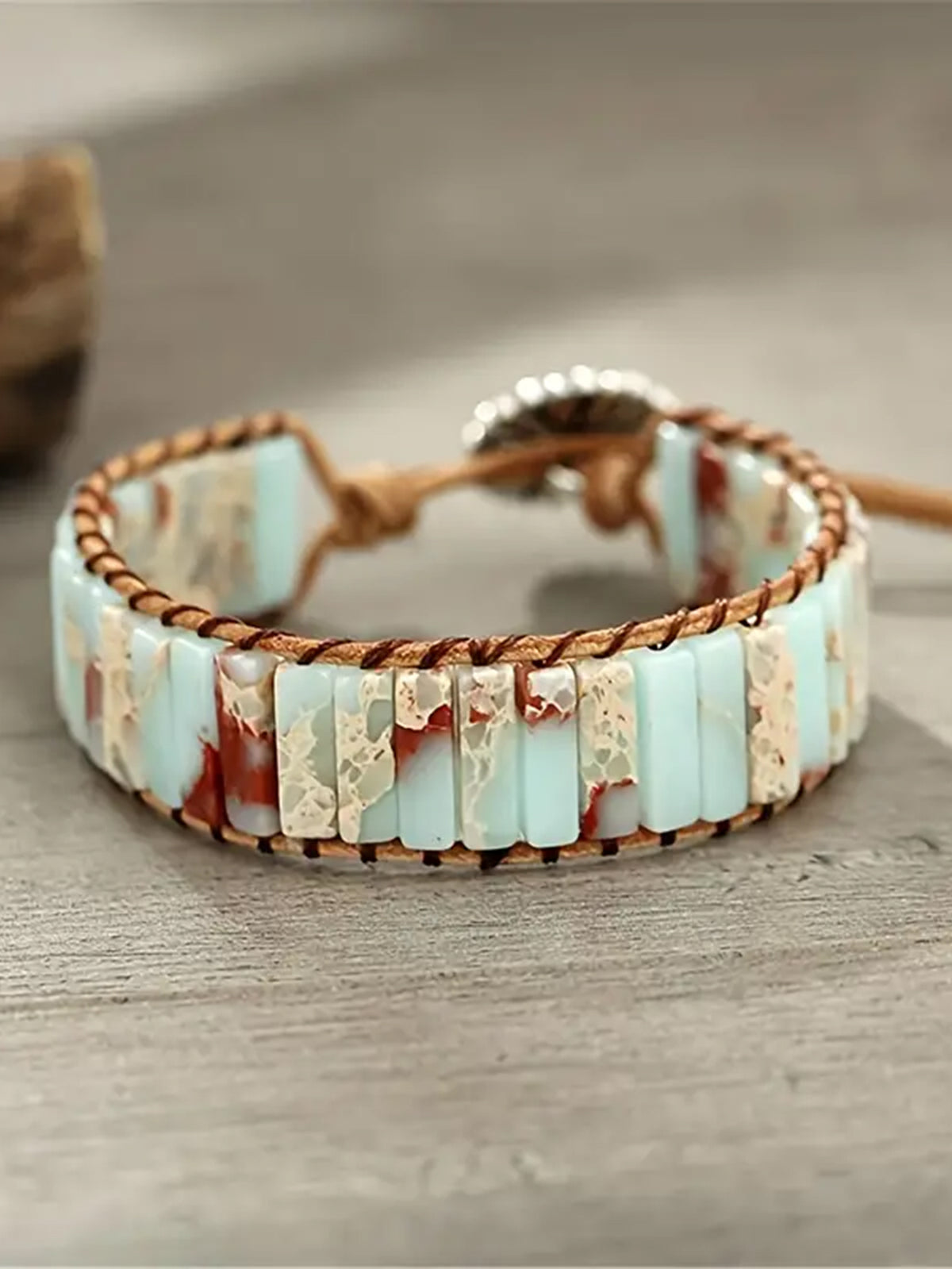 Bohemian Style Square Stone Beaded Multi-layer Braided Pu Leather Bracelet For Women