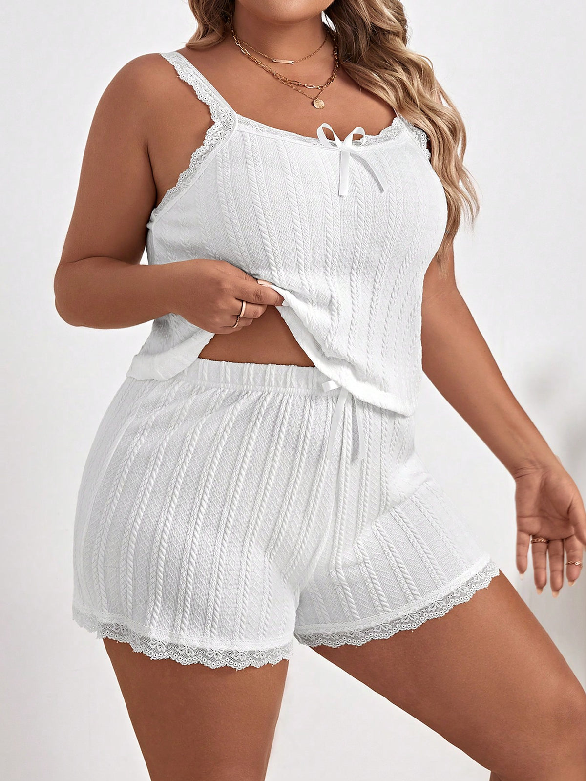 SHEIN Plus Lace Trim Cami Top & Shorts PJ Set / Pajama Set White Set