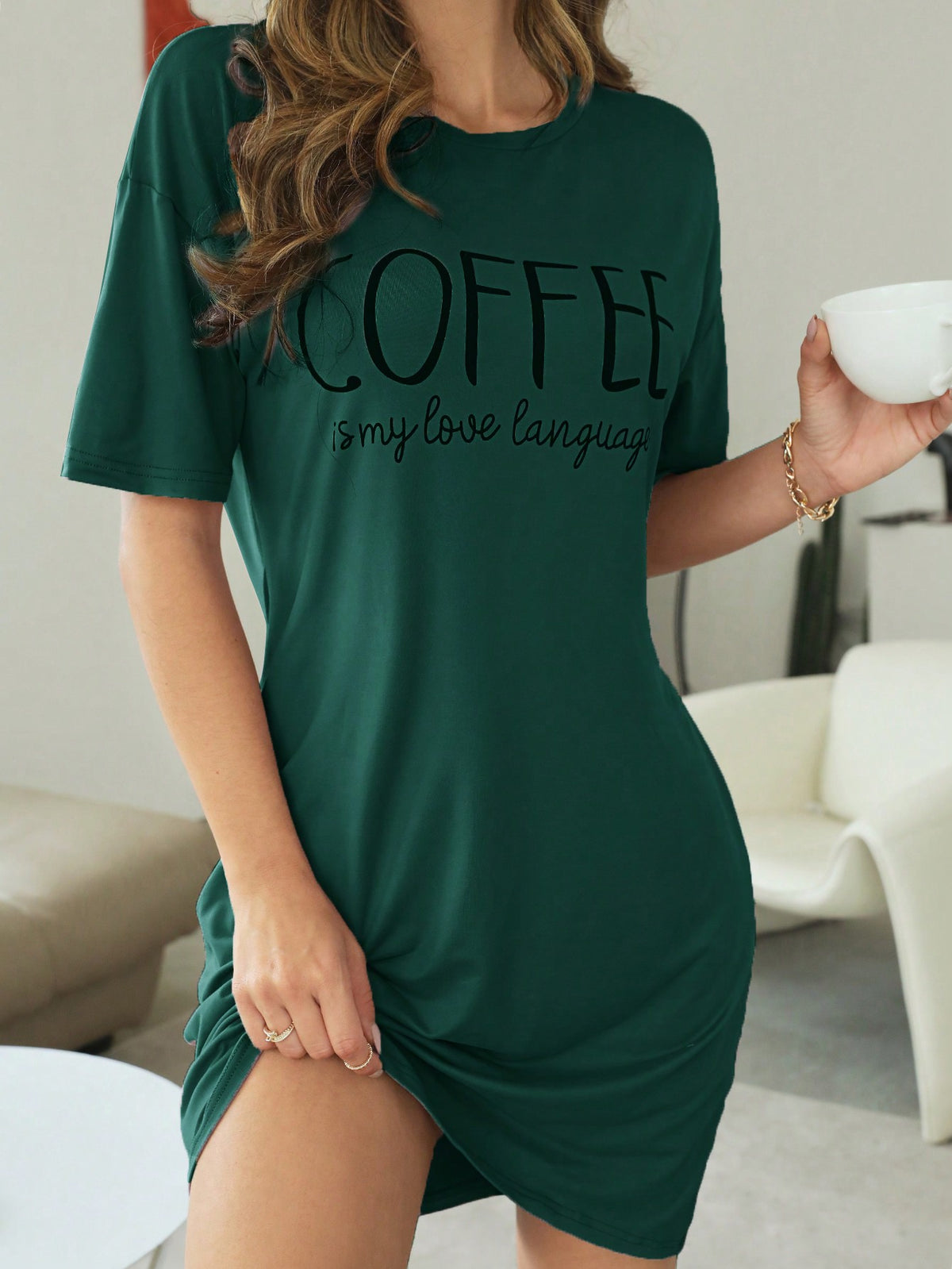 Slogan Graphic Drop Shoulder Pajama Nightdress