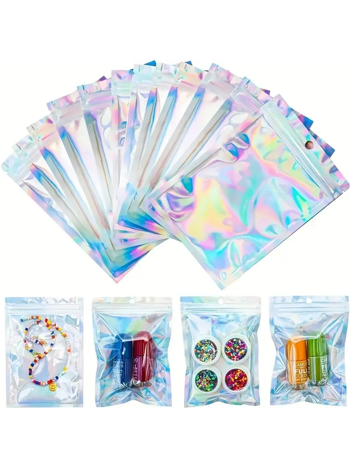 100pcs Holographic Bags, Reusable Sealed Bags Of Various Sizes, Laser Rainbow Pattern Self-Sealing Bags, Suitable For Small Enterprise Candy Bags And Front Window Sample Bags, Self-Sealing Bags, Holid